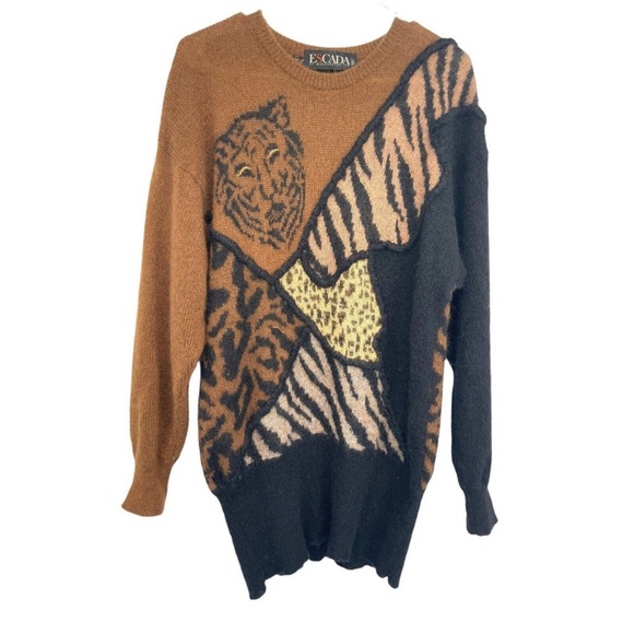Vintage Escada Sweater Size 40 Animal Print Tiger Wool Mohair Blend Made Italy - Picture 3 of 9